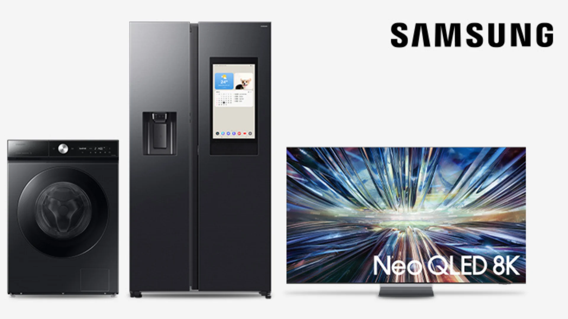 Produktbilder von Samsung: Kühlschrank mit Bildschirm, Waschmaschine und Neo QLED 8K Fernseher.